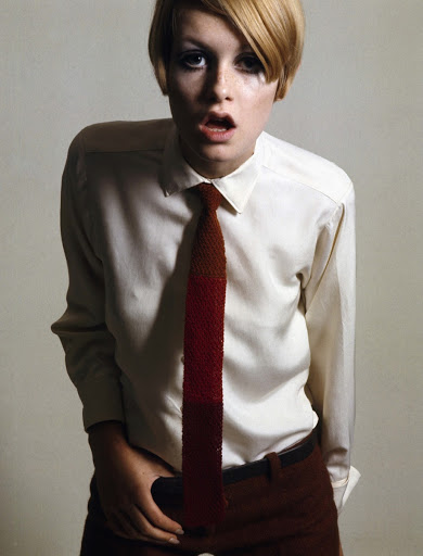 Twiggy wearing a white shirt from Turnbull & Asser